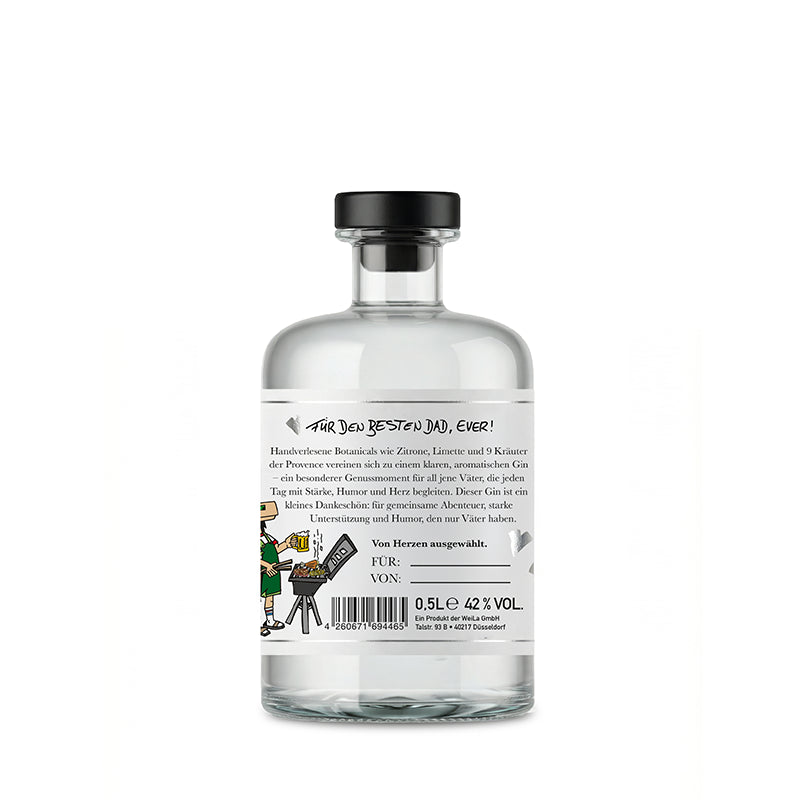 Rückseite Geschenk‑Gin für den besten Dad in eleganter Flasche, mehrfach filtrierter Premium Gin mit frischen Botanicals, ideal für Gin Tonic, Cocktails oder pur.