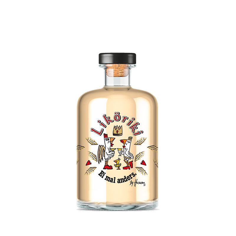 Liköriki Eierlikör im modernen Kunstdesign von Herman Reichold, verfeinert mit Grappa, Eierlikör mit feiner Mandelnote und 14 % Vol.