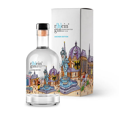 r[h]eingin im farbenfrohen Kunstdesign von Jacques Tilly, puristischer Dry Gin nur mit Wacholder, hochwertige Geschenkverpackung für Städte‑Fans.