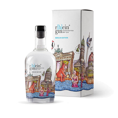 r[h]eingin im farbenfrohen Kunstdesign von Jacques Tilly, puristischer Dry Gin nur mit Wacholder, hochwertige Geschenkverpackung für Städte‑Fans.