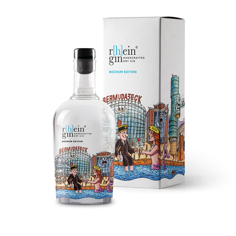 r[h]eingin im farbenfrohen Kunstdesign von Jacques Tilly, puristischer Dry Gin nur mit Wacholder, hochwertige Geschenkverpackung für Städte‑Fans.