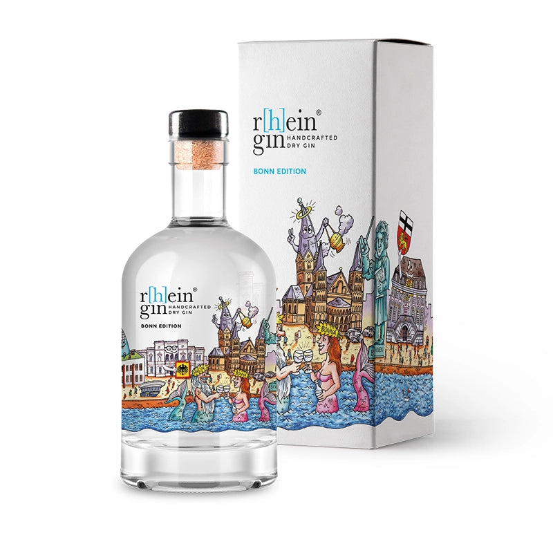 r[h]eingin im farbenfrohen Kunstdesign von Jacques Tilly, puristischer Dry Gin nur mit Wacholder, hochwertige Geschenkverpackung für Städte‑Fans.