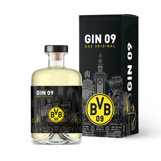 BVB 09 Gin im gelben BVB Design mit Stadtkulisse, Premium Gin mit Wacholder, Zitrus‑Botanicals und hochwertigen Zutaten, Geschenkverpackung.
