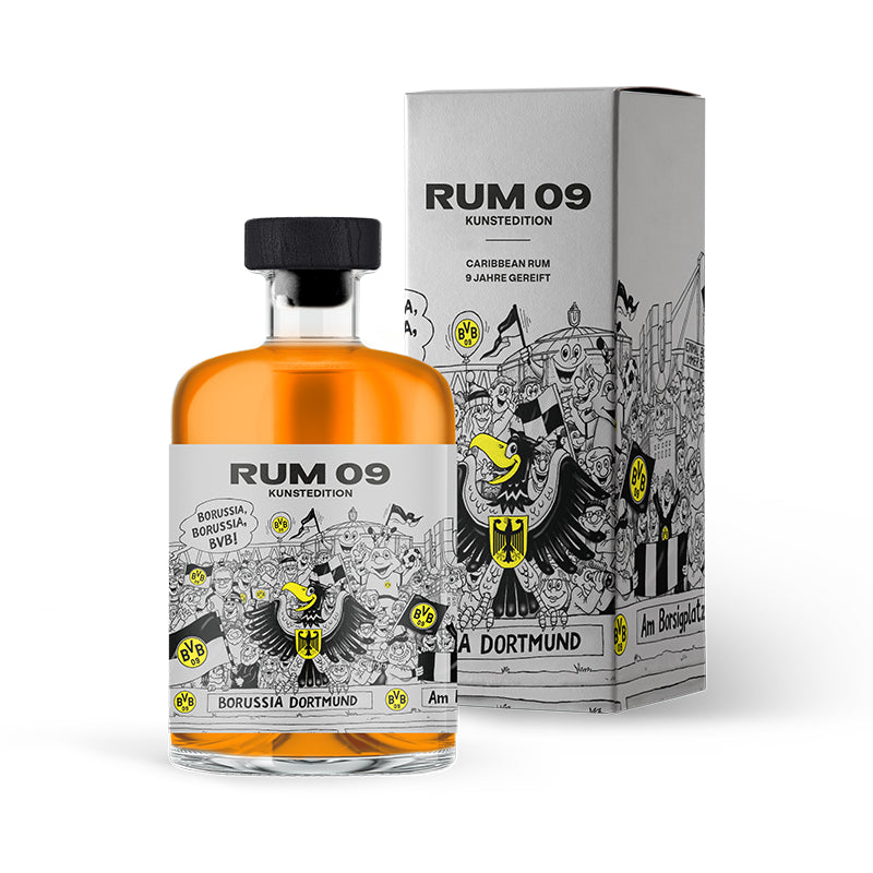 BVB 09 Caribbean Rum im Kunstdesign von Jacques Tilly, 9 Jahre gereifter Premium Rum mit BVB Motiven, hochwertige Geschenkverpackung für Dortmund Fans.