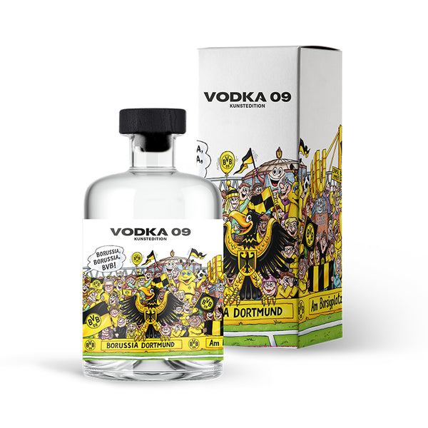 BVB 09 Vodka im Kunstdesign von Jacques Tilly, mehrfach filtrierter Premium Vodka mit BVB‑Motiven, hochwertige Geschenkverpackung für Dortmund Fans.