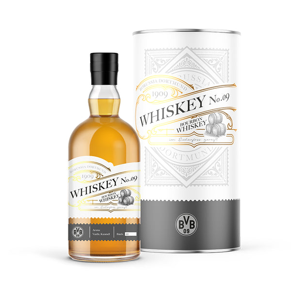 Bourbon No.09 im BVB Design, Premium Bourbon Whiskey in Glasflasche mit BVB Logo, in Virgin‑Oak‑Fässern gereift mit Vanille‑ und Karamellaromen.