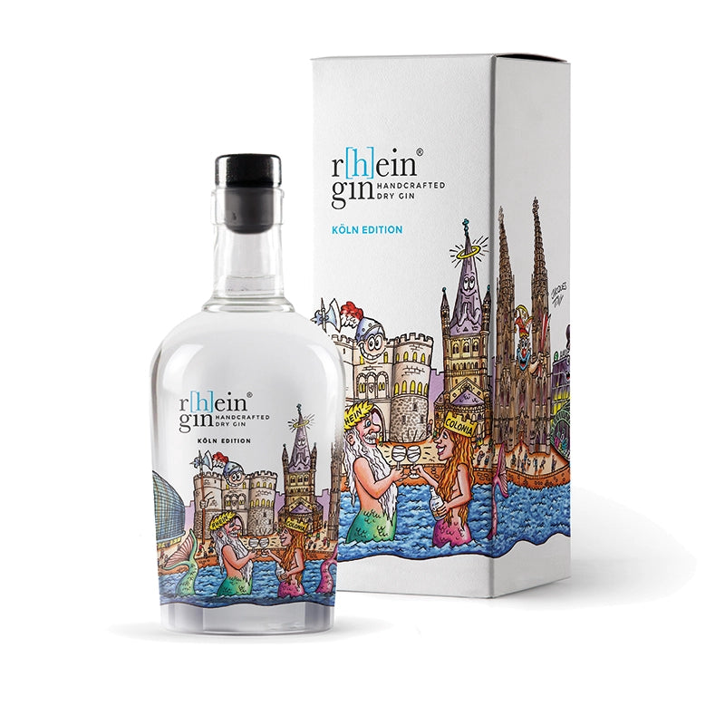 r[h]eingin im farbenfrohen Kunstdesign von Jacques Tilly, puristischer Dry Gin nur mit Wacholder, hochwertige Geschenkverpackung für Städte‑Fans.