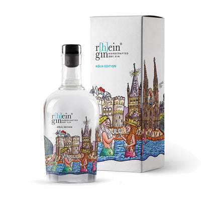 r[h]eingin im farbenfrohen Kunstdesign von Jacques Tilly, puristischer Dry Gin nur mit Wacholder, hochwertige Geschenkverpackung für Städte‑Fans.