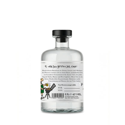Rückseite Geschenk‑Gin für den besten Dad in eleganter Flasche, mehrfach filtrierter Premium Gin mit frischen Botanicals, ideal für Gin Tonic, Cocktails oder pur.