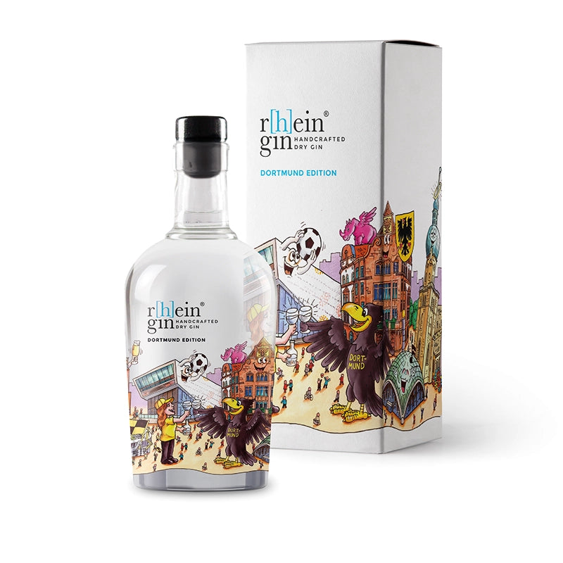 r[h]eingin im farbenfrohen Kunstdesign von Jacques Tilly, puristischer Dry Gin nur mit Wacholder, hochwertige Geschenkverpackung für Städte‑Fans.