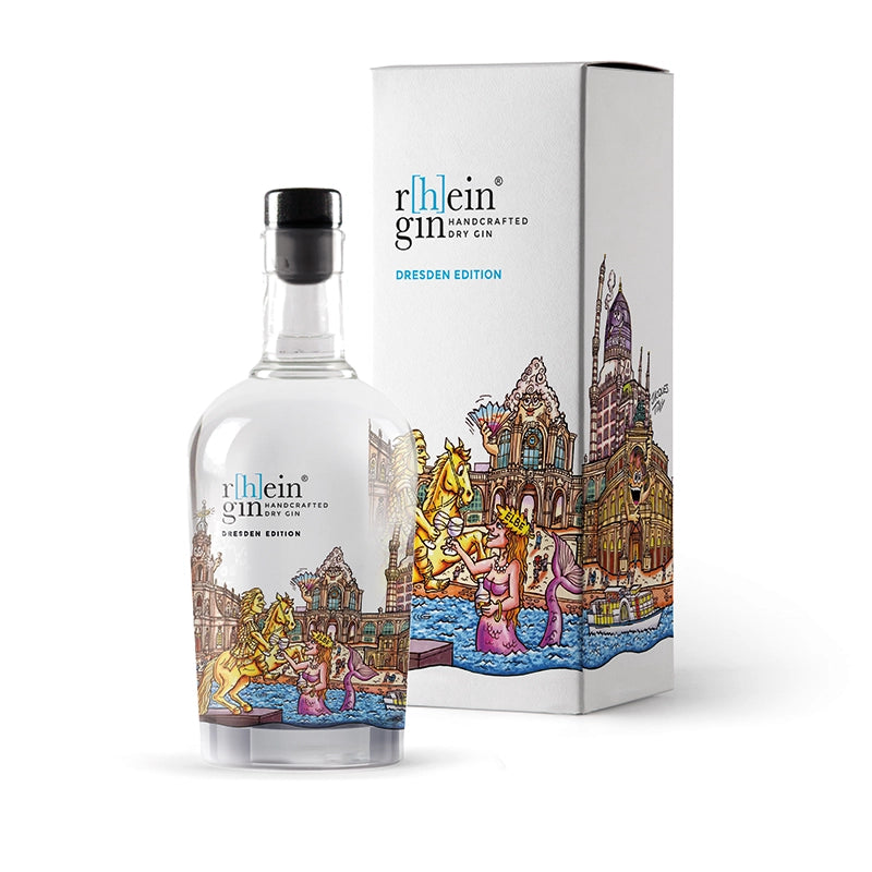 r[h]eingin im farbenfrohen Kunstdesign von Jacques Tilly, puristischer Dry Gin nur mit Wacholder, hochwertige Geschenkverpackung für Städte‑Fans.