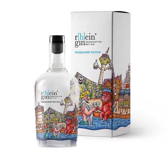 r[h]eingin im farbenfrohen Kunstdesign von Jacques Tilly, puristischer Dry Gin nur mit Wacholder, hochwertige Geschenkverpackung für Städte‑Fans.