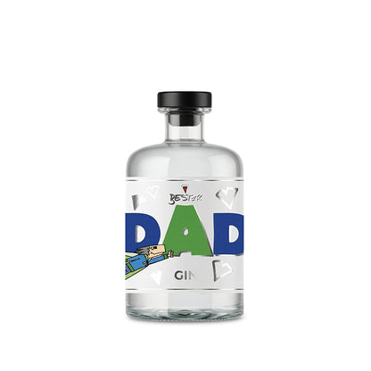 Vorderseite Geschenk‑Gin für den besten Dad in eleganter Flasche, mehrfach filtrierter Premium Gin mit frischen Botanicals, ideal für Gin Tonic, Cocktails oder pur.