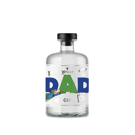 Vorderseite Geschenk‑Gin für den besten Dad in eleganter Flasche, mehrfach filtrierter Premium Gin mit frischen Botanicals, ideal für Gin Tonic, Cocktails oder pur.