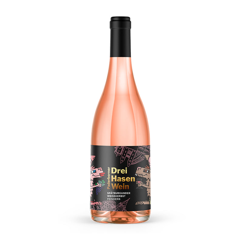 Dry Hasen Wein im farbenfrohen Design von Herman Reichold, inspiriert vom Drei‑Hasen‑Fenster des Paderborner Doms, deutscher Qualitätswein aus der Pfalz.