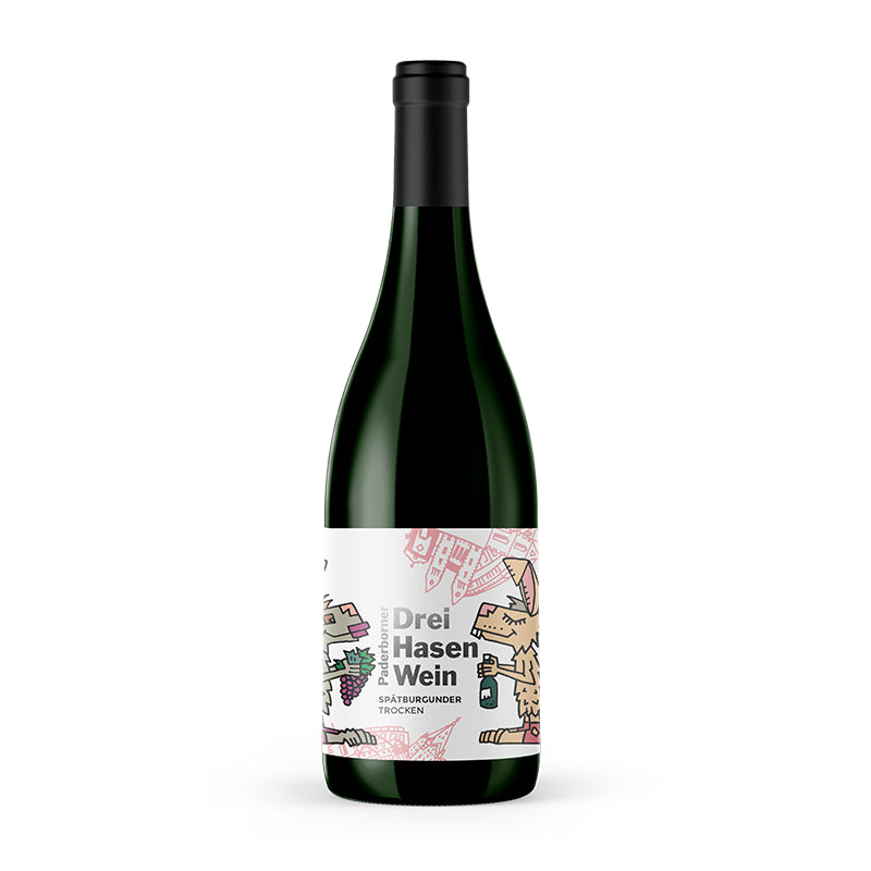 Dry Hasen Wein im farbenfrohen Design von Herman Reichold, inspiriert vom Drei‑Hasen‑Fenster des Paderborner Doms, deutscher Qualitätswein aus der Pfalz.
