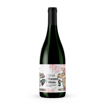 Dry Hasen Wein im farbenfrohen Design von Herman Reichold, inspiriert vom Drei‑Hasen‑Fenster des Paderborner Doms, deutscher Qualitätswein aus der Pfalz.