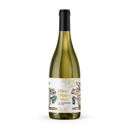 Dry Hasen Wein im farbenfrohen Design von Herman Reichold, inspiriert vom Drei‑Hasen‑Fenster des Paderborner Doms, deutscher Qualitätswein aus der Pfalz.