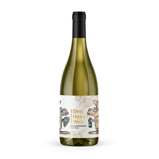 Dry Hasen Wein im farbenfrohen Design von Herman Reichold, inspiriert vom Drei‑Hasen‑Fenster des Paderborner Doms, deutscher Qualitätswein aus der Pfalz.