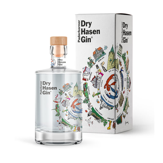 Dry Hasen Gin im Kunstdesign von Herman Reichold, inspiriert vom Drei‑Hasen‑Fenster des Paderborner Doms, fruchtiger Gin mit Zitrone und Orange.