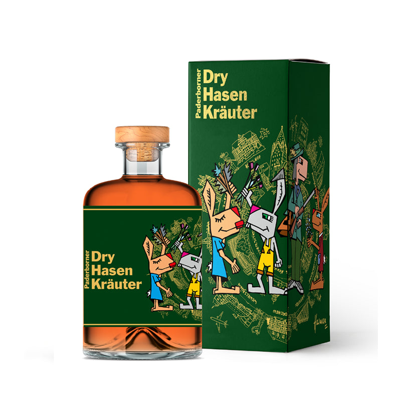 Dry Hasen Kräuterlikör im bunten Kunstdesign von Herman Reichold, Paderborner Edition mit ausgewählten Kräutern, hochwertiger Likör aus deutscher Manufaktur.