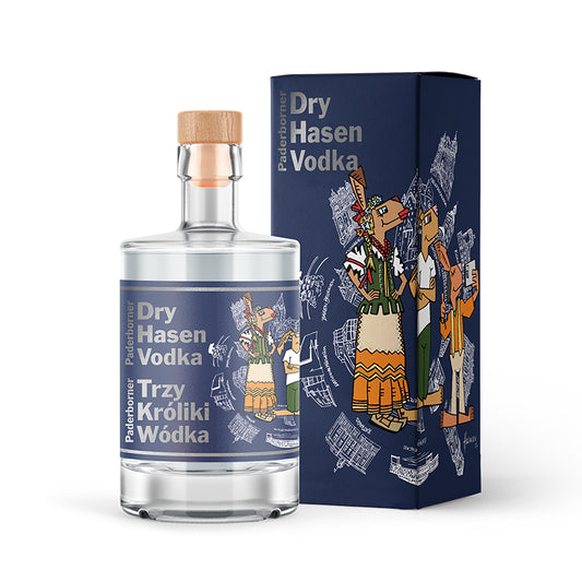 Dry Hasen Vodka im künstlerischen Design von Herman Reichold, hochwertige Geschenkverpackung, Kunstedition als Hommage an Paderborn.