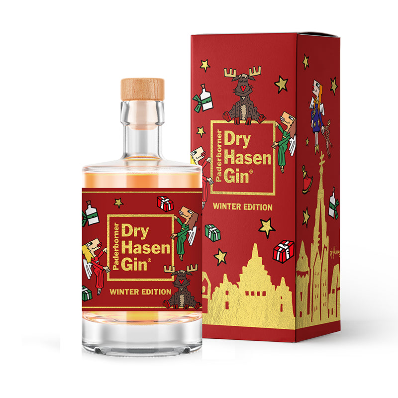 Dry Hasen Winter Gin in Geschenkverpackung, Kunstedition von Herman Reichold mit goldener Folie, winterlicher Gin mit Pflaume, Zimt und Vanille.