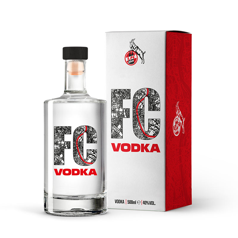 FC Vodka des 1. FC Köln mit puristischem Design und hochwertiger Geschenkverpackung