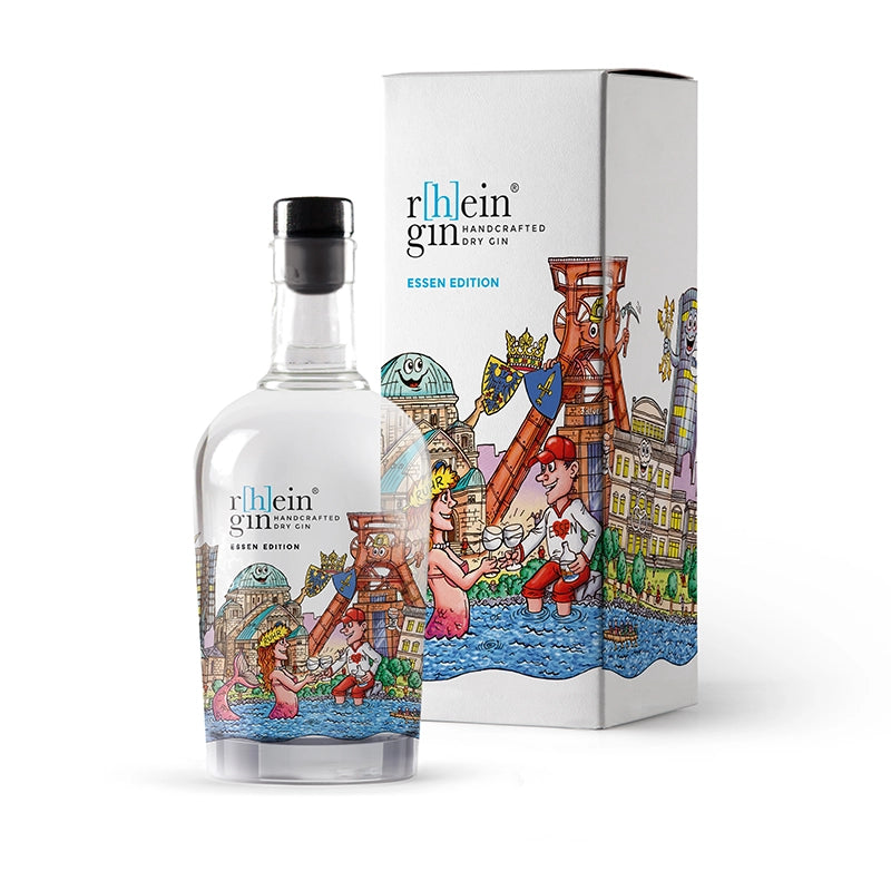 r[h]eingin im farbenfrohen Kunstdesign von Jacques Tilly, puristischer Dry Gin nur mit Wacholder, hochwertige Geschenkverpackung für Städte‑Fans.