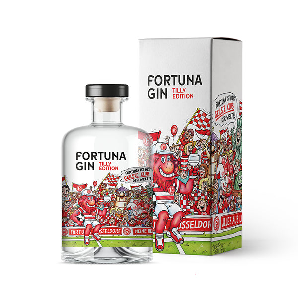 Fortuna Düsseldorf Gin im farbenfrohen Kunstdesign von Jacques Tilly, Premium Gin mit Apfel, Birne und Thymian, hochwertige Geschenkverpackung für Fans.
