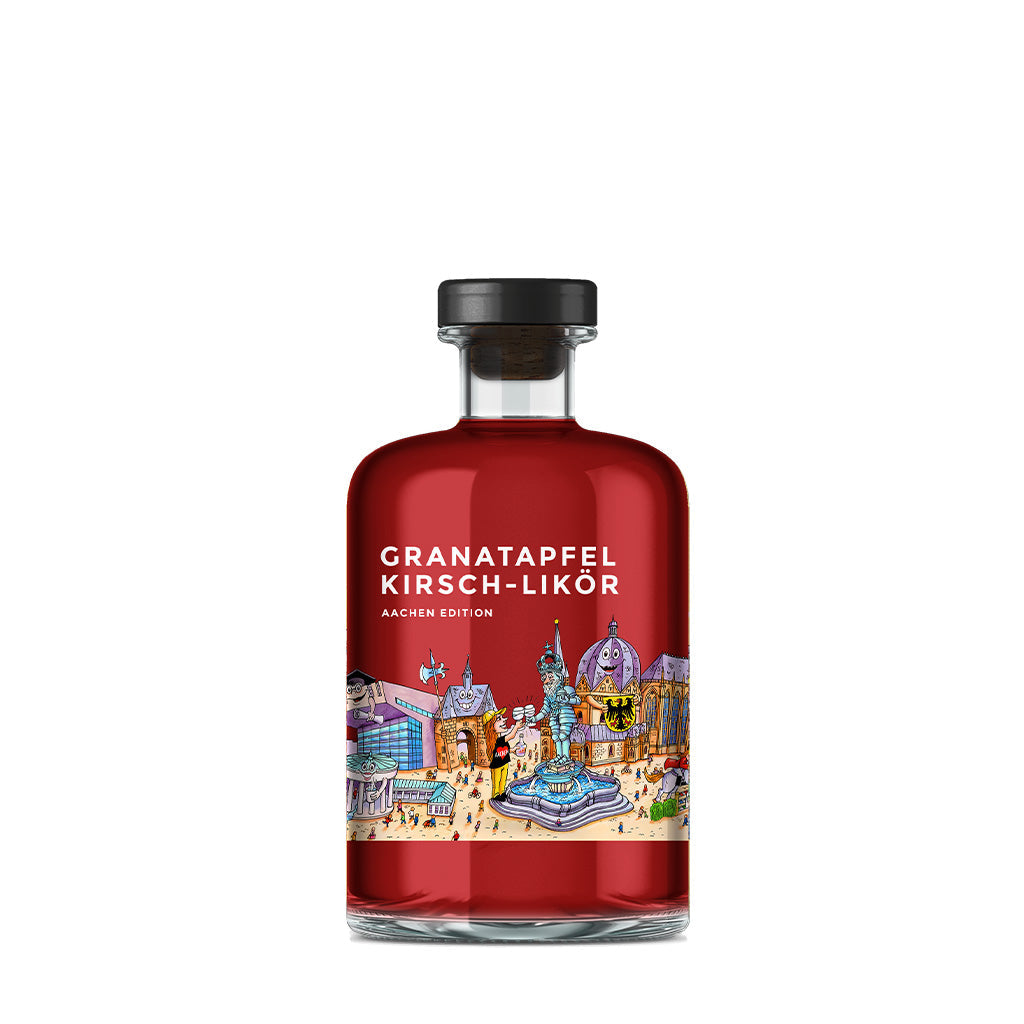 Vorderseite Likör Granatapfel Kirsch Aachen Skyline