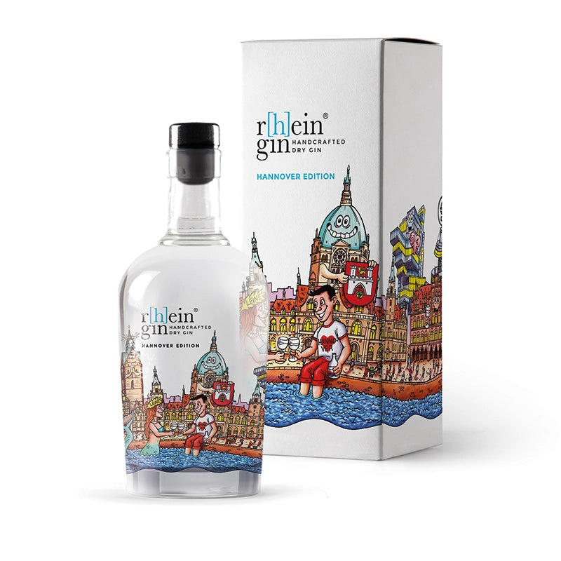 r[h]eingin im farbenfrohen Kunstdesign von Jacques Tilly, puristischer Dry Gin nur mit Wacholder, hochwertige Geschenkverpackung für Städte‑Fans.