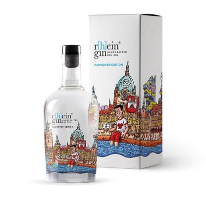 r[h]eingin im farbenfrohen Kunstdesign von Jacques Tilly, puristischer Dry Gin nur mit Wacholder, hochwertige Geschenkverpackung für Städte‑Fans.