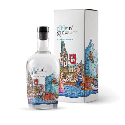 r[h]eingin im farbenfrohen Kunstdesign von Jacques Tilly, puristischer Dry Gin nur mit Wacholder, hochwertige Geschenkverpackung für Städte‑Fans.