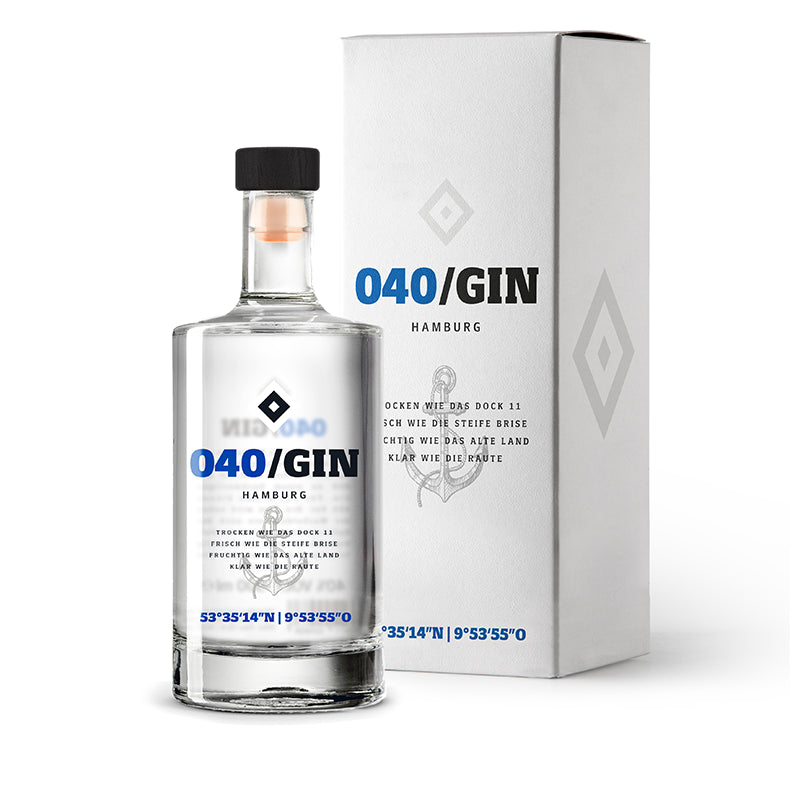040 Gin in edler Glasflasche, HSV Kooperation, Hamburger Design mit Raute und Anker, fruchtig‑frischer Premium Gin mit Apfel‑Botanical.