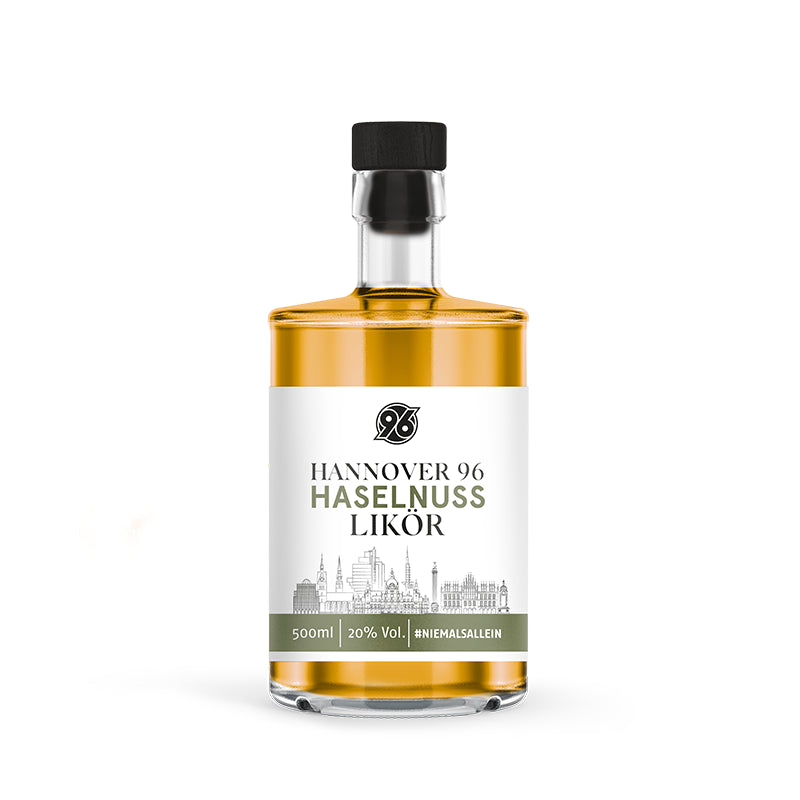 Hannover 96 Haselnusslikör in 500 ml Glasflasche mit Korken, Hannover Design, cremiger Haselnuss‑Nougat‑Likör mit 20 % Vol.