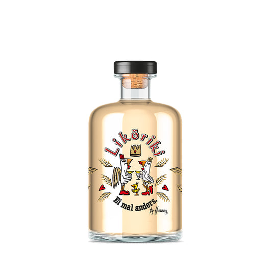 Liköriki Eierlikör im modernen Kunstdesign von Herman Reichold, verfeinert mit Grappa, Eierlikör mit feiner Mandelnote und 14 % Vol.