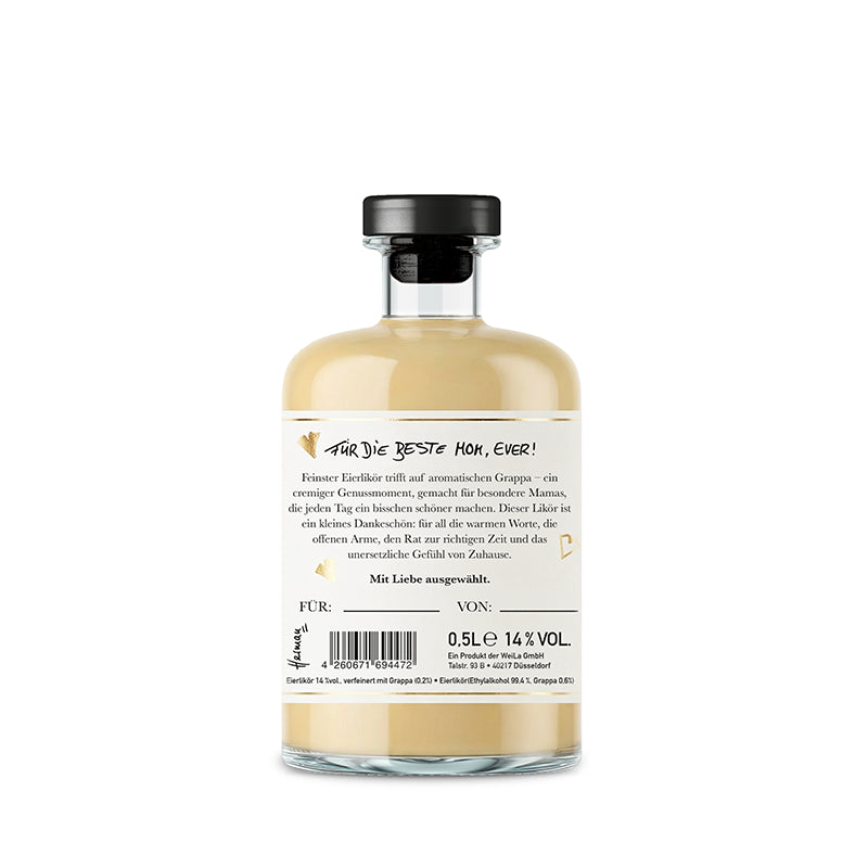 Rückseite Eierlikör Geschenk für die beste Mom in edler Flasche, cremiger Likör aus hochwertigen Zutaten, liebevolles Design für Genuss pur, Dessert oder Kaffee.