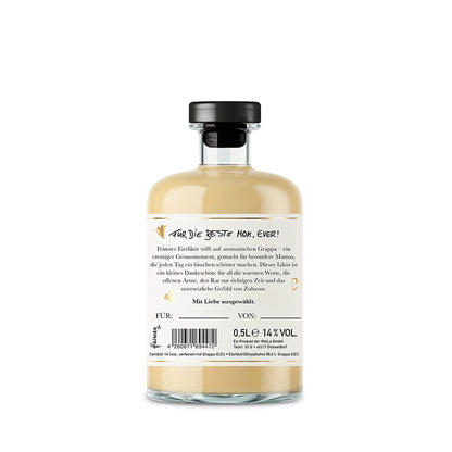 Rückseite Eierlikör Geschenk für die beste Mom in edler Flasche, cremiger Likör aus hochwertigen Zutaten, liebevolles Design für Genuss pur, Dessert oder Kaffee.