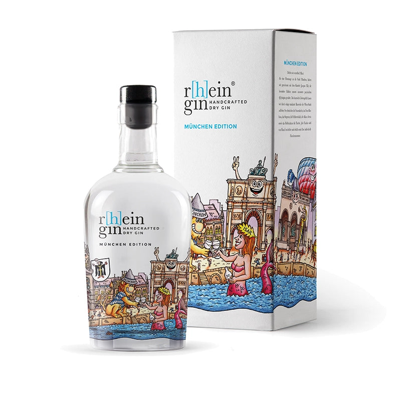 r[h]eingin im farbenfrohen Kunstdesign von Jacques Tilly, puristischer Dry Gin nur mit Wacholder, hochwertige Geschenkverpackung für Städte‑Fans.
