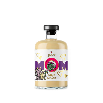 Vorderseite Eierlikör Geschenk für die beste Mom in edler Flasche, cremiger Likör aus hochwertigen Zutaten, liebevolles Design für Genuss pur, Dessert oder Kaffee.