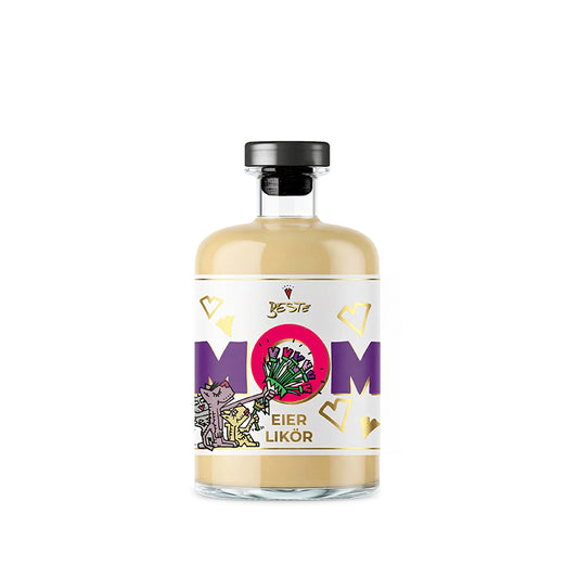 Vorderseite Eierlikör Geschenk für die beste Mom in edler Flasche, cremiger Likör aus hochwertigen Zutaten, liebevolles Design für Genuss pur, Dessert oder Kaffee.