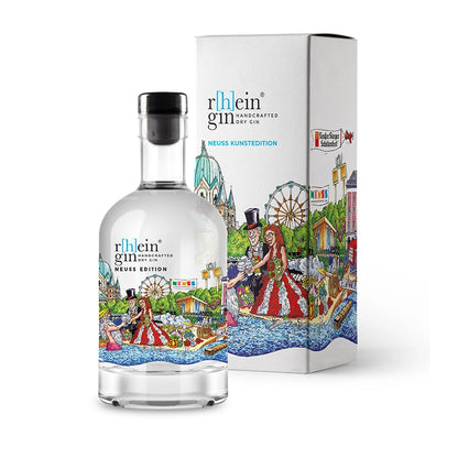 r[h]eingin im farbenfrohen Kunstdesign von Jacques Tilly, puristischer Dry Gin nur mit Wacholder, hochwertige Geschenkverpackung für Städte‑Fans.
