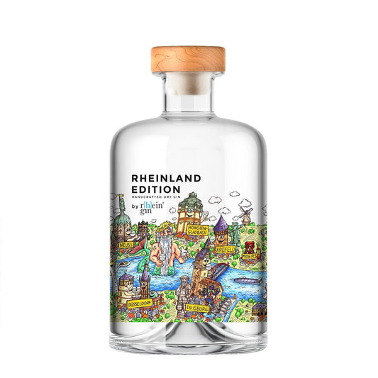 r[h]eingin Rheinland Edition im farbenfrohen Kunstdesign von Jacques Tilly, puristischer Dry Gin nur mit Wacholder,