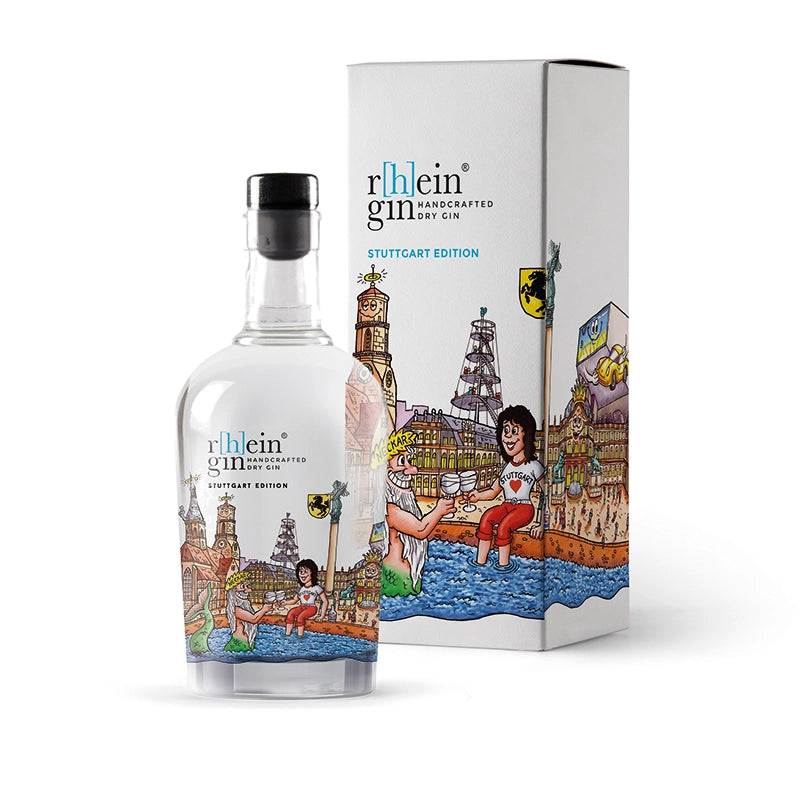 r[h]eingin im farbenfrohen Kunstdesign von Jacques Tilly, puristischer Dry Gin nur mit Wacholder, hochwertige Geschenkverpackung für Städte‑Fans.