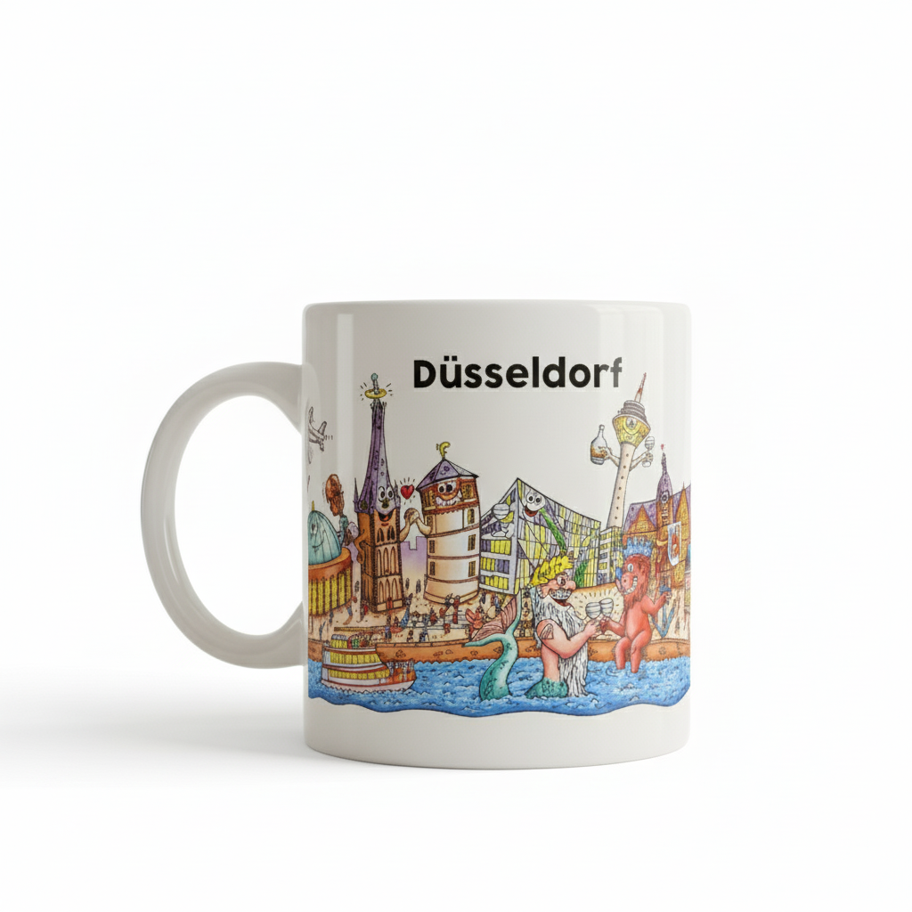Keramiktasse mit Düsseldorf‑Skyline, glänzende hochwertige Keramik, ca. 330 ml, künstlerisches Stadtmotiv, spülmaschinen‑ und mikrowellengeeignet.