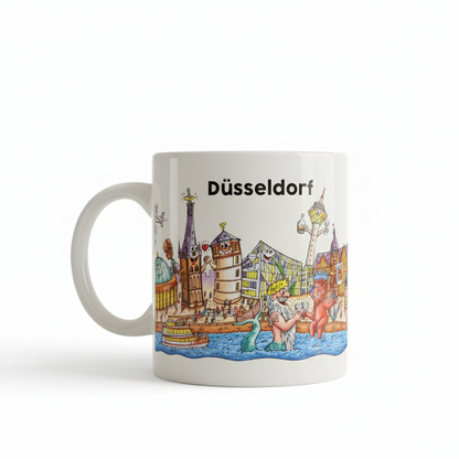 Keramiktasse mit Düsseldorf‑Skyline, glänzende hochwertige Keramik, ca. 330 ml, künstlerisches Stadtmotiv, spülmaschinen‑ und mikrowellengeeignet.