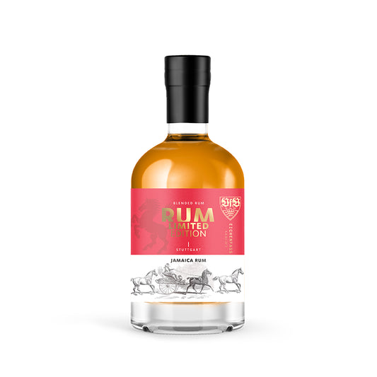 VfB Stuttgart Jamaica Rum in Glasflasche, zeitloses VfB Design, blended Rum aus Jamaika, im Eichenfass gereift für würzig-weiches Aroma.