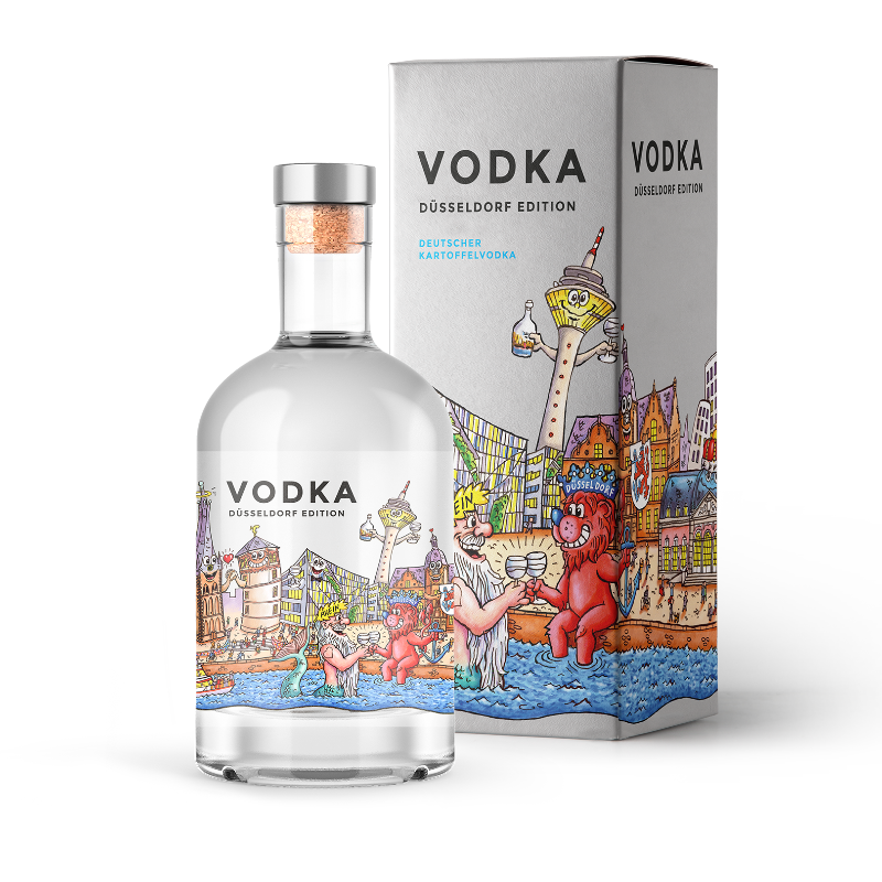 Vodka, Düsseldorf Skyline und Geschenkverpackung Vorderseite