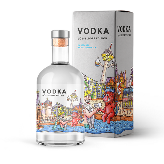 Vodka, Düsseldorf Skyline und Geschenkverpackung Vorderseite